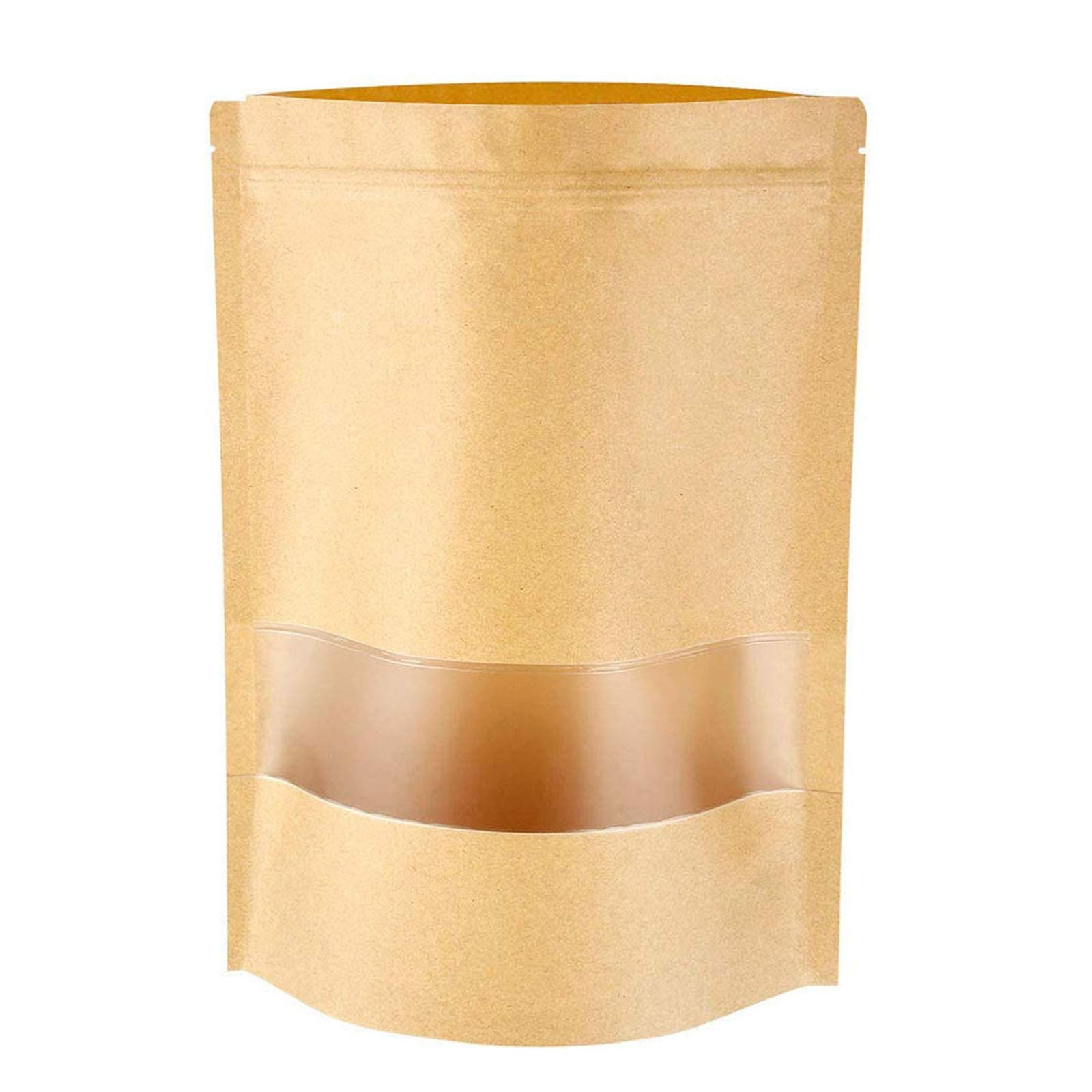 50 Pcs Kraft Paper Zip Lock Food Bag Stand Up Reusable Sealing Pouches with Transparent Window for Candy Coffee Beans Storage (15x22cm)