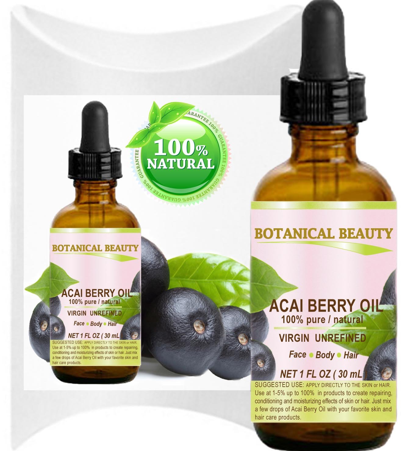 Botanical Beauty ACAI OIL. 100% Pure/Virgin/Unrefined Cold Pressed Carrier Oil. For Skin, Hair, Lip and Nail Care. (1 Fl. oz. - 30 ml.)