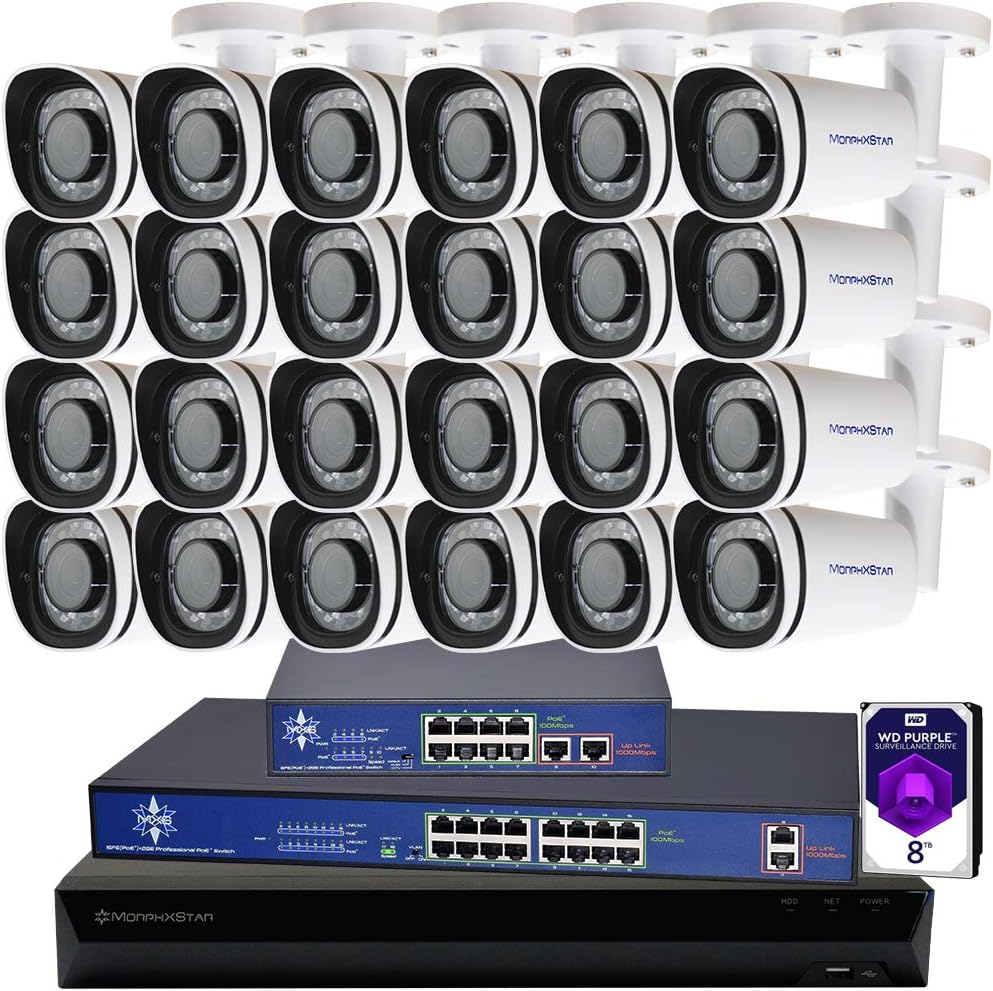 MorphXStar 32CH 4K NVR Network IP Security Camera System - 24 x HD 2160P 6.0 Megapixel 2.8~8mm Varifocal Zoom 100ft IR PoE IP Bullet Camera + 4TB Hard Drive + 2 x 16 Ports PoE Switch