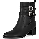 AUMOTED Kitten Low Ankle Boots for Women Chunky Block Heel Bootie Side Zipper Round Toe Double Adjustable Buckle Boots Women 2 Inch Heeled Boots