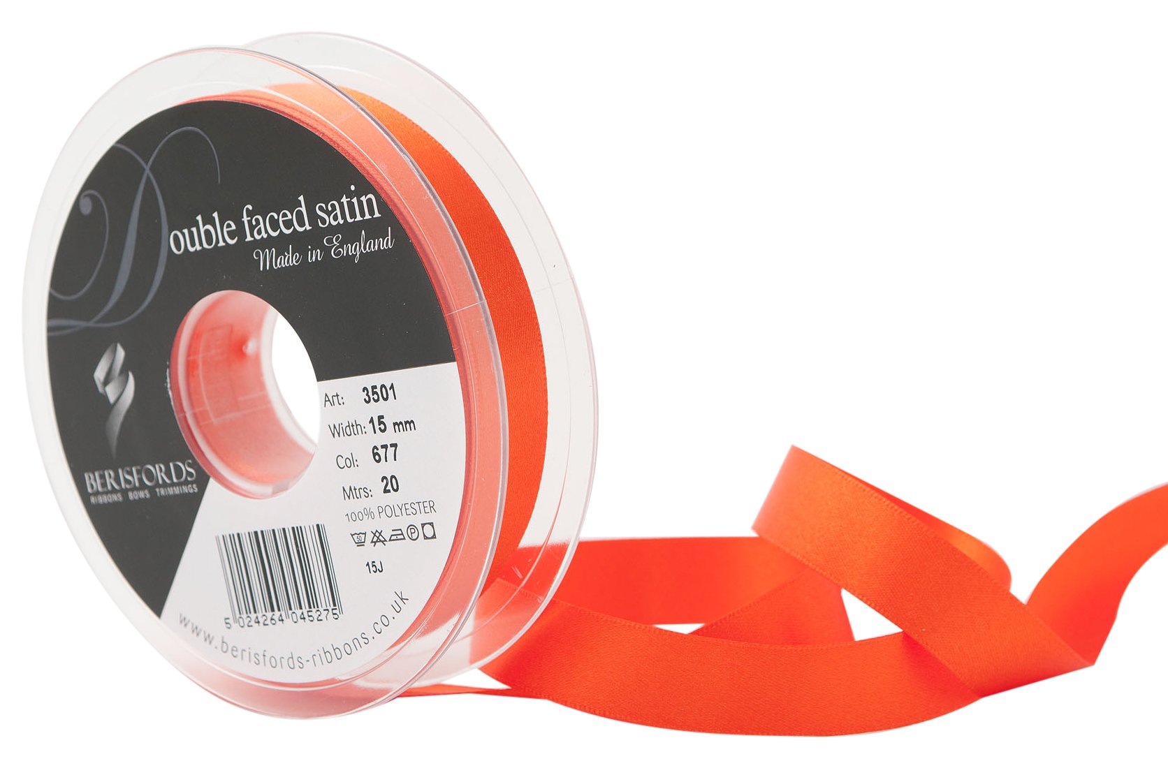 Berisfords Double FACE Poly Satin Ribbon, Flame, 15 mm