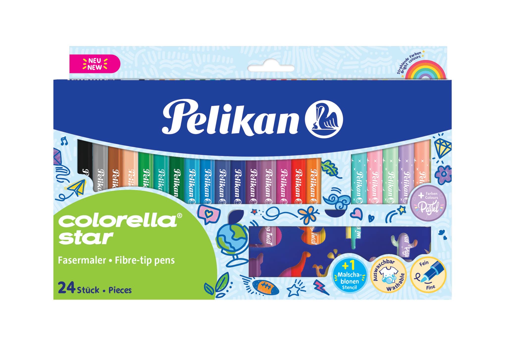 Pelikan 818087 Colorella Star C302 Fibre-Tip Pens 24 Colours: 18 Bright + 6 Delicate Pastel Tones + Colouring Stencil 1 Case único