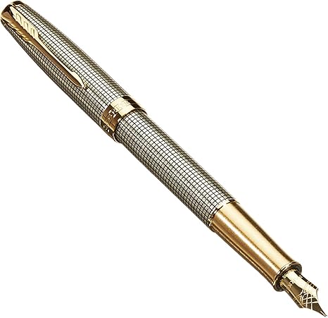 PARKER Caneta-tinteiro Sonnet, prata cinzelada Prestige com acabamento dourado, ponta média de ouro maciço 18 k 