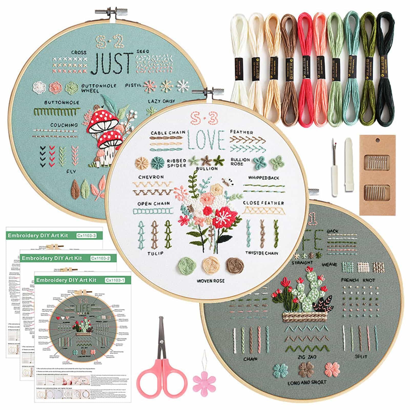 Eidoct 3 Sets Embroidery Kit for Beginners Embroidery Stitch Practice Kit for Beginners Adults, Stitch Practice Kit, Includes Cloth with Pattern, Hoop, Colorful Threads and Tools