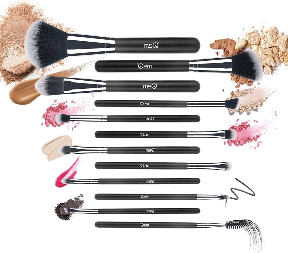 MSQ Makeup Brushes 12pcs Professional Cosmetic Brushes,Soft Synthetic Hair for Foundation, Powder, Blush, Eyeshadow,Lip -Black
