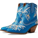 Dingo Womens Primrose Floral Embroidered Metallic Snip Toe Pull On Casual Boots Ankle Mid Heel 2-3" - Blue