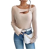 MakeMeChic Women's Asymmetrical Neck Sweater Cut Out Long Sleeve Fitted Pullover Tops