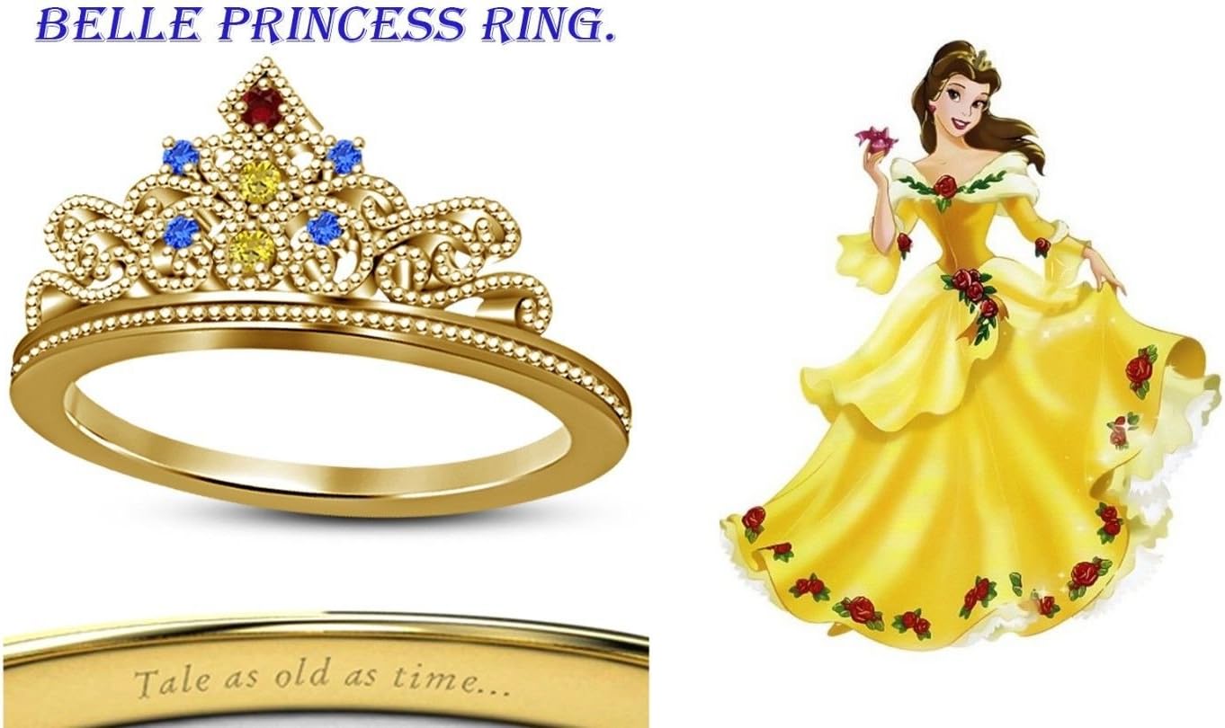 .925 Sterling Silver Plating DIsney Belle Princess Crown Ring Multi-Color CZ Disney Princess Engagement & Wedding Ring