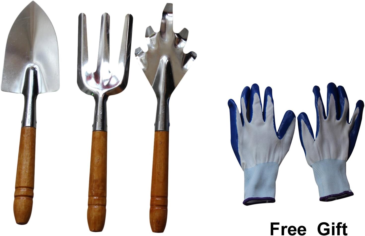 Magic 78 Gardening Tools/Planting tools Stainless Steel Set 3PCS with Wooden Handle (Trowel, Fork, and Rake) & Free Gardening Gloves