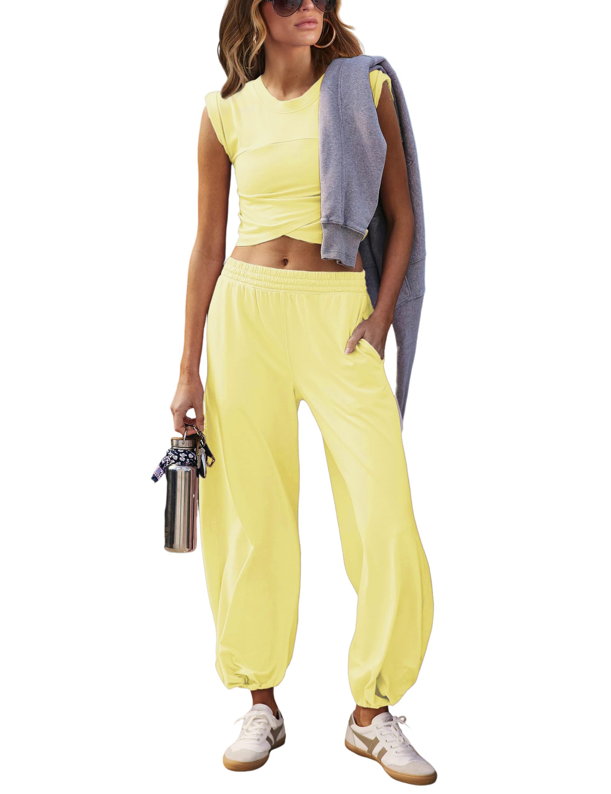 Photo 1 of Seetaa Womens 2 Piece Sweatsuits Sets Casual Workout Cropped Tee Top High Rise Sweatpants Athletic Tracksuits(Yellow-S)