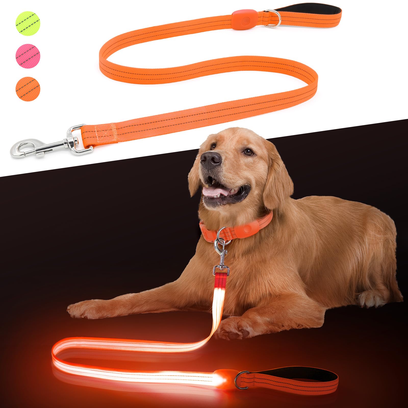 ChalkLit Led Dog Leash, 4 Ft Light Up, Waterproof, Nylon Leash with Padded Handle for Night Walking, Safety Glow in The Dark for Large, Medium, Small Pets (Orange)