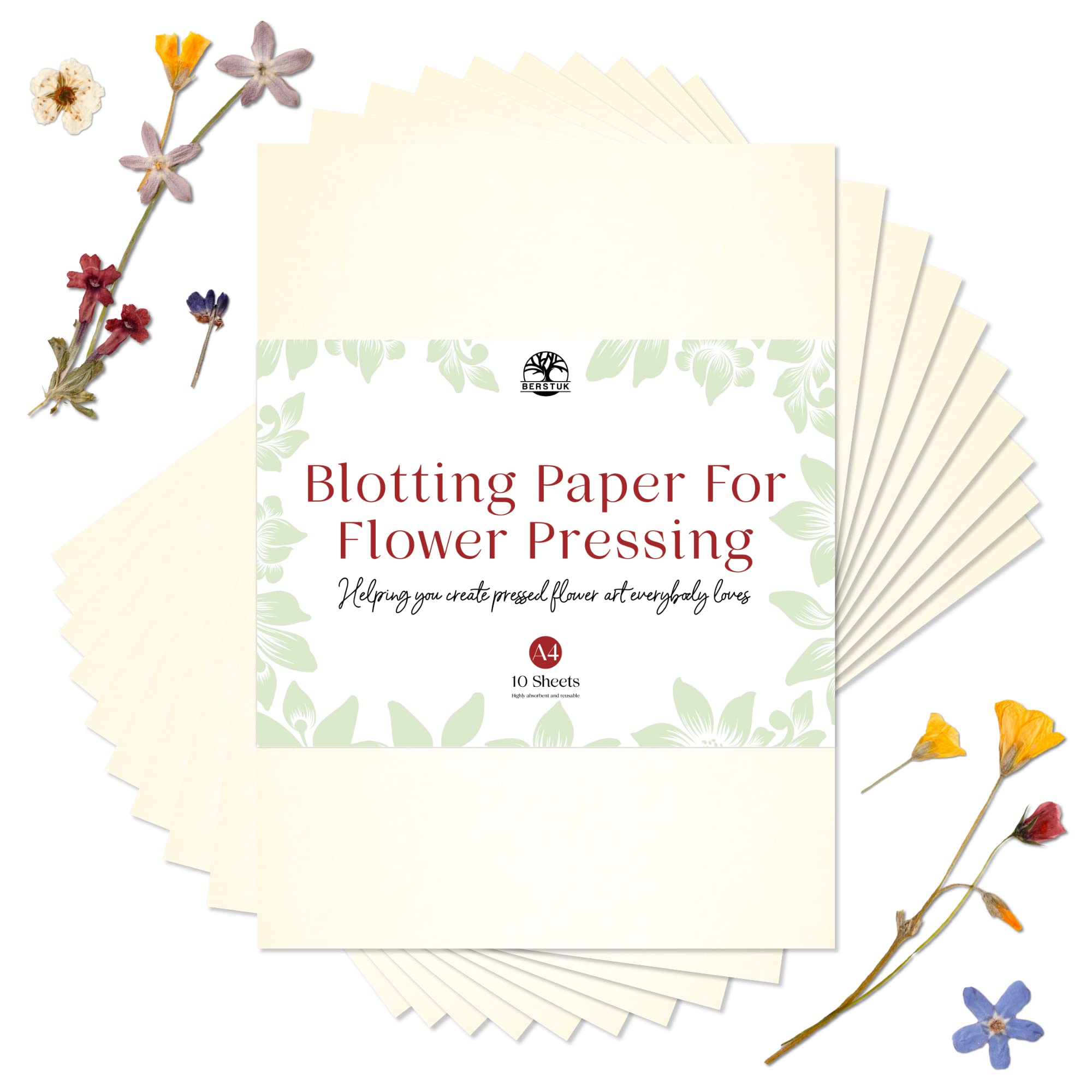 Blotting Paper for Flower Press by Berstuk โข Large A4 Flower Press Sheets โข Highly Absorbent and Reusable Herbarium Sheets โข Pack of 10