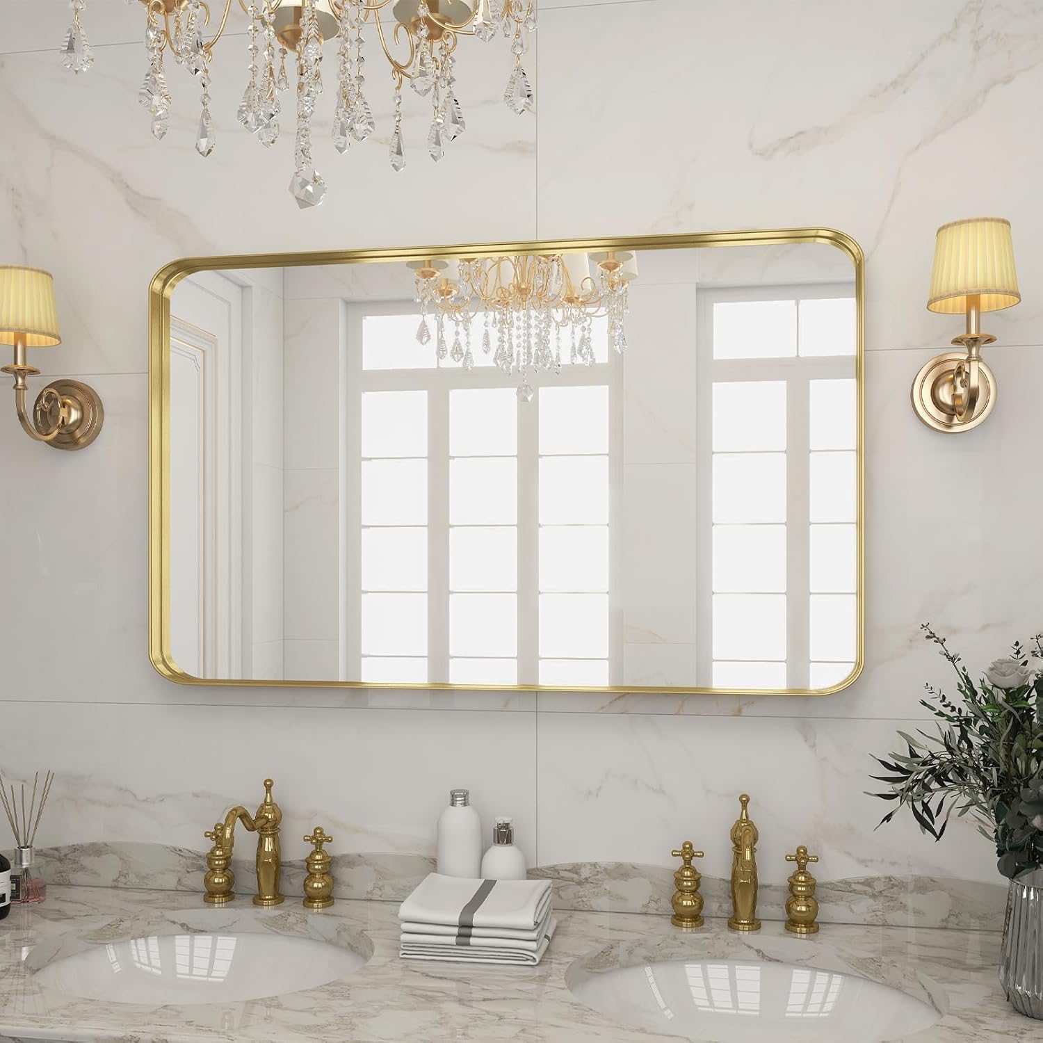 Mirrors - VooBang Bathroom Mirror 30x48 inch, Gold Deep Frame Mirror for Wall, Modern Round Corner Wall Mirror for Bedroom, Living Room, Horizontal or Vertical