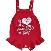 KtwHarnu Newborn Baby Girl Valentines Day Outfit Knitted My First Valentines Romper Ruffle Sleeveless Knit Sweater Bodysuit