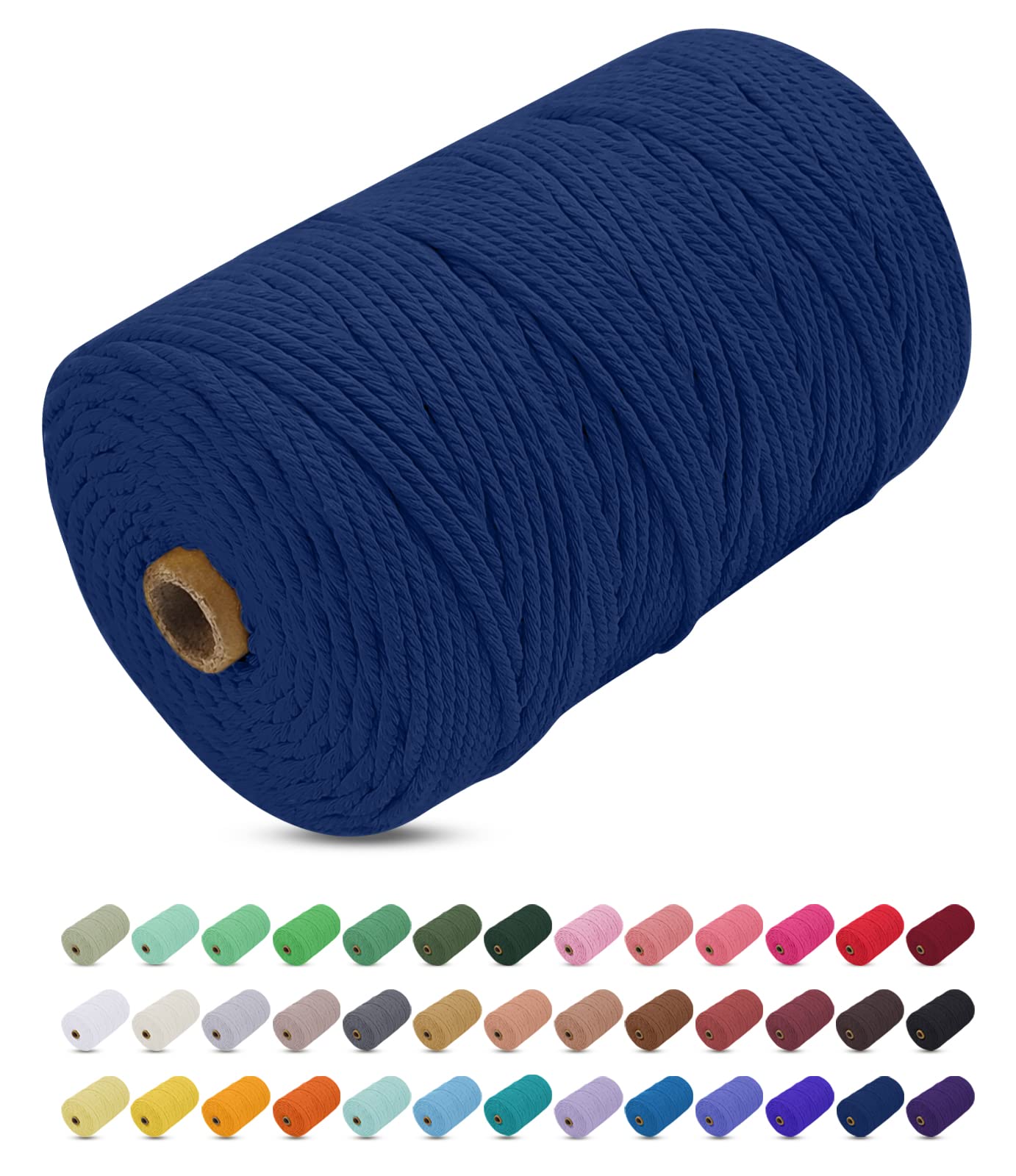 Uiopa Macrame Cord 3mm x 200m, Thick Macrame Rope Yarn Soft Natural Cotton Cord, Coloured 4-Ply Macrame String for DIY Craft, Plant Hangers, Wall Hanging, Christmas Decorations (Dark blue)