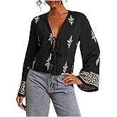 Floerns Women's Embroidery Flare Sleeve Blouse Tops Deep V Neck Bow Tie Front Loose Beach Shirts
