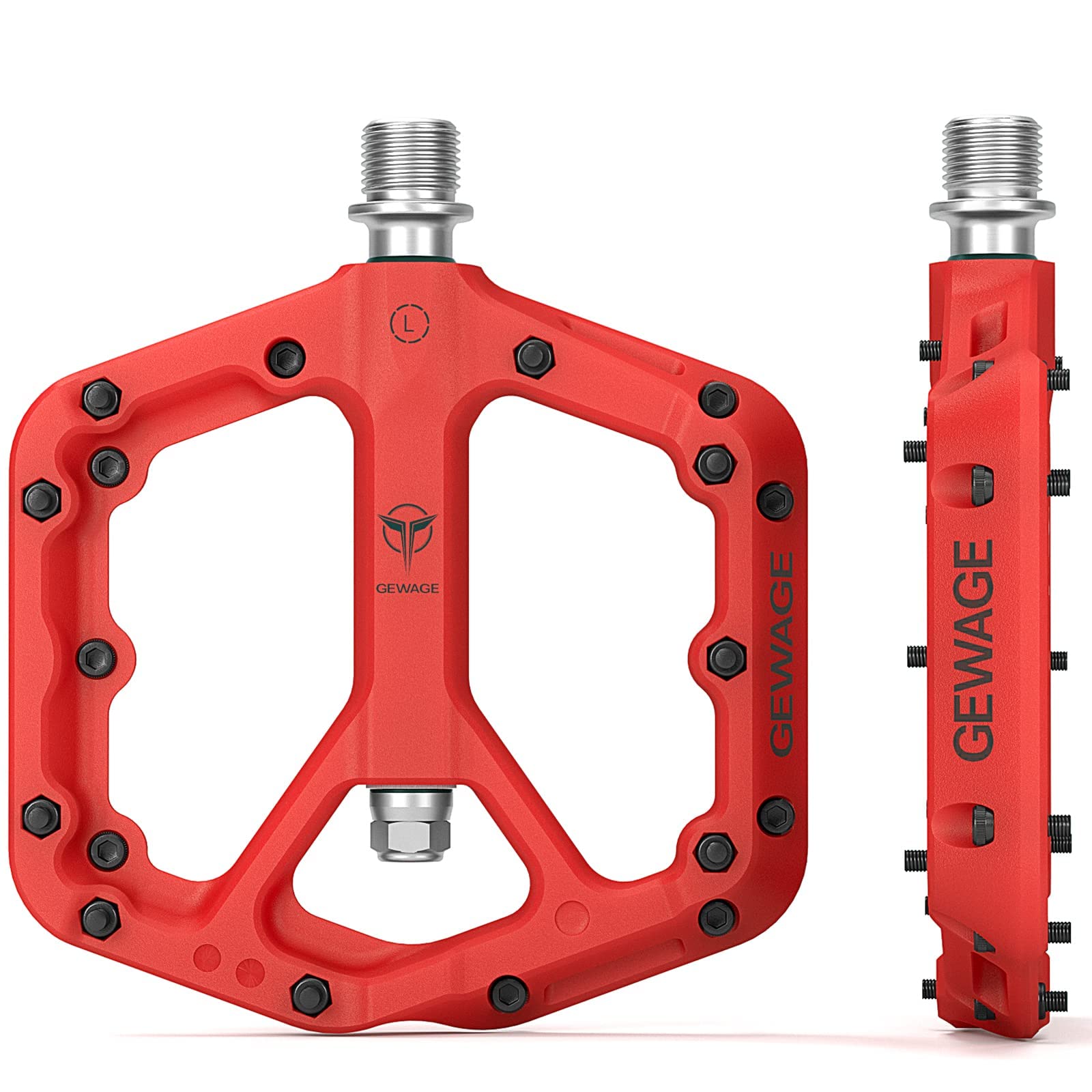 GEWAGE Mountain Bike Pedals, Non-Slip MTB Nylon Fiber Pedals, 9/16" Bicycle Pedals, Lightweight and Wide Flat Platform Pedals (Red1)