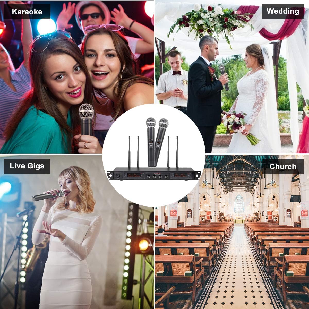 Wireless Microphone System, Phenyx Pro Quad Channel Cordless Mic Set with Metal Handheld Mics, 4x40 Channels, Auto Scan, Long Distance 328ft, Ideal for DJ, Church, Outdoor Events (PTU-7000A)