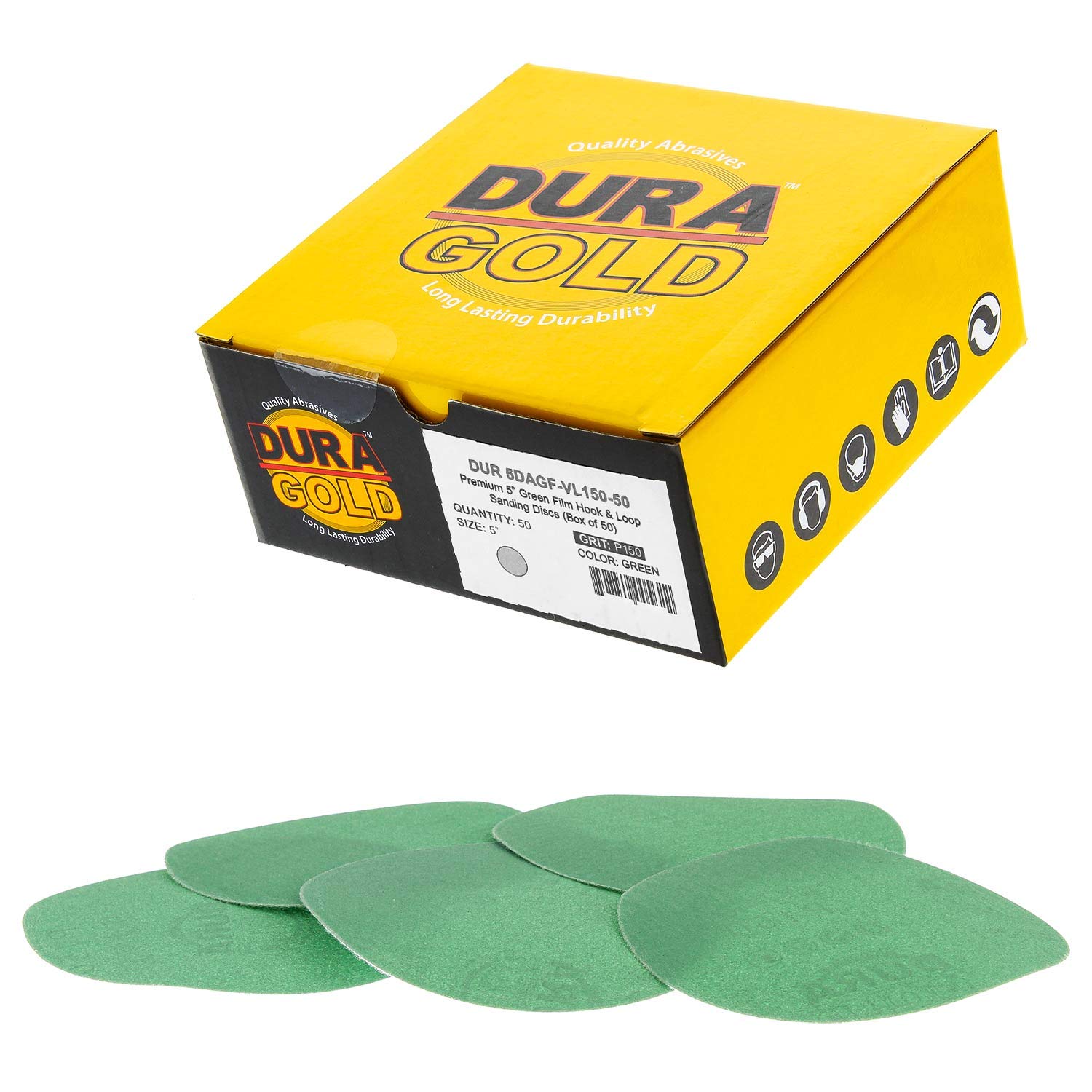 Dura-Gold - Premium Hook & loop - 150 Grit 5" Green Film - Hook & Loop Sanding Discs for DA Sanders - Box of 50 Sandpaper Finishing Discs for Automotive and Woodworking