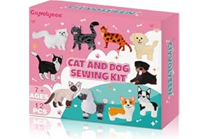 CiyvoLyeen Sewing Kit for Kid Beginner Arts & Crafts 12 Easy DIY Projects of Stuffed Sewing Set Animal Toys of Puppies & Kittens Kit Toy Gift for Girl Boys Learn to Sew Ages 6 7 8 9 10 11 12