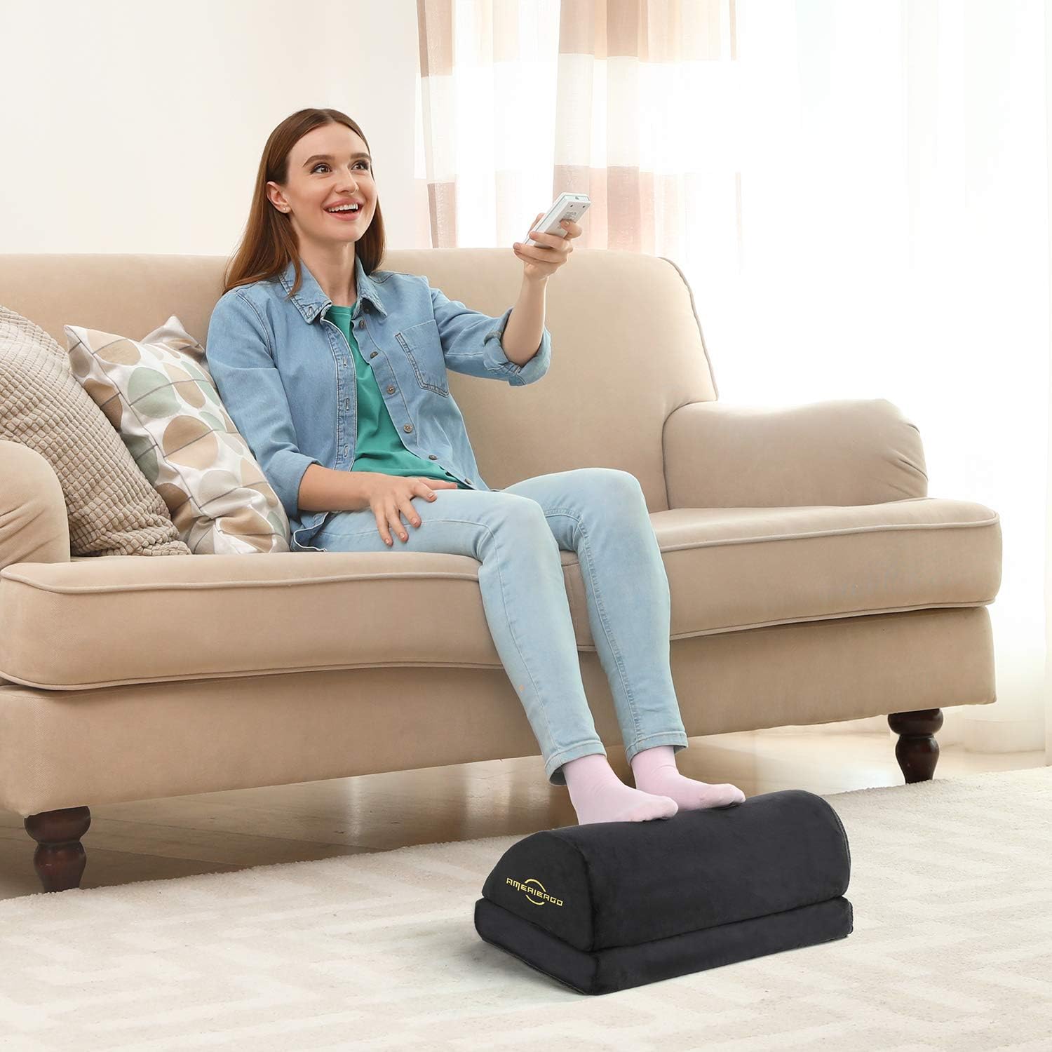 AMERIERGO Adjustable Under Desk Foot Rest - Office Desk Foot Rest with 2 Adjustable Heights, Ergonomic Foot Rest for Back & Knee Pain Relief, Foot Rest Cushion with Fabric Breathable Washable Cover : Office Products