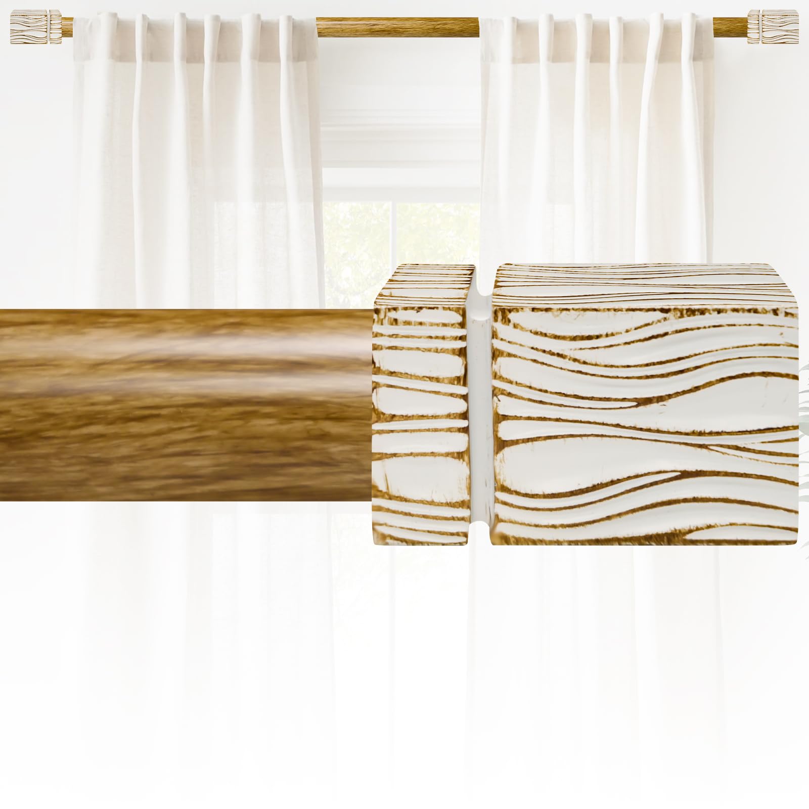 Photo 1 of **INCOMPLETE** Wood Curtain Rods For Windows 48 to 84 Inches: 1 Inch Diameter Heavy-Duty Adjustable Decorative Imitation Wood Grain Curtain Rod Square Striped Finials, For Bedrooms And Living Rooms