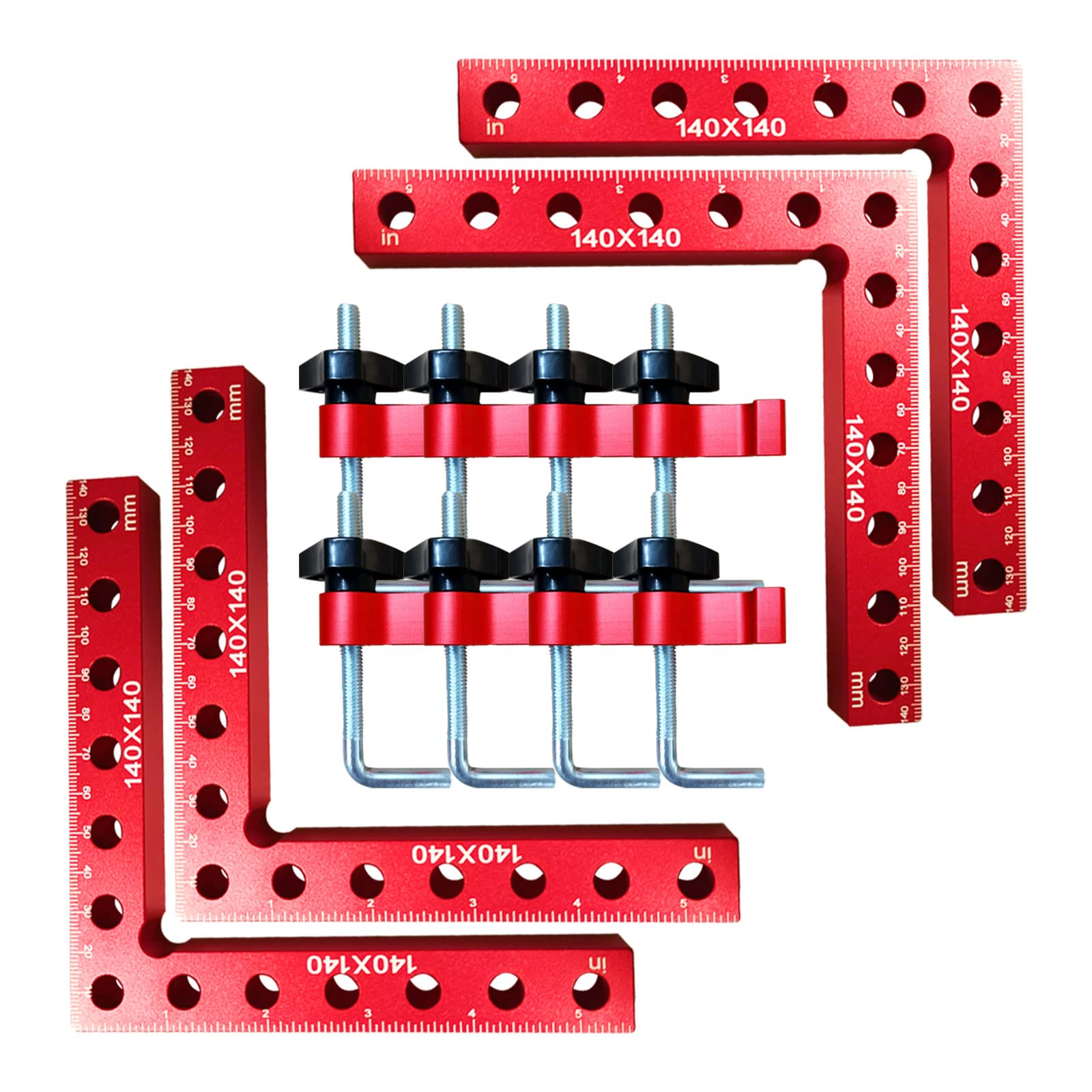90 Degrees Positioning Squares, Right Angle with 2 Clamps, Aluminium Alloy L-Type Corner Woodworking Carpenter Clamping Tool (140mm x 140mm) (4 Pack)
