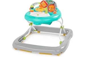 Bright Starts Zig Zag Zebra Baby Walker with Steering Wheel, Lights & Songs, Easy Fold Frame for Storage, Height Adjustable, Ages 6 Months +