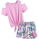 Arshiner Girls Short Sets 2 Pieces Outfits Short Sleeve Tie Knot T-Shirts and Casual Shorts With Pockets Cute Clothes Sets
