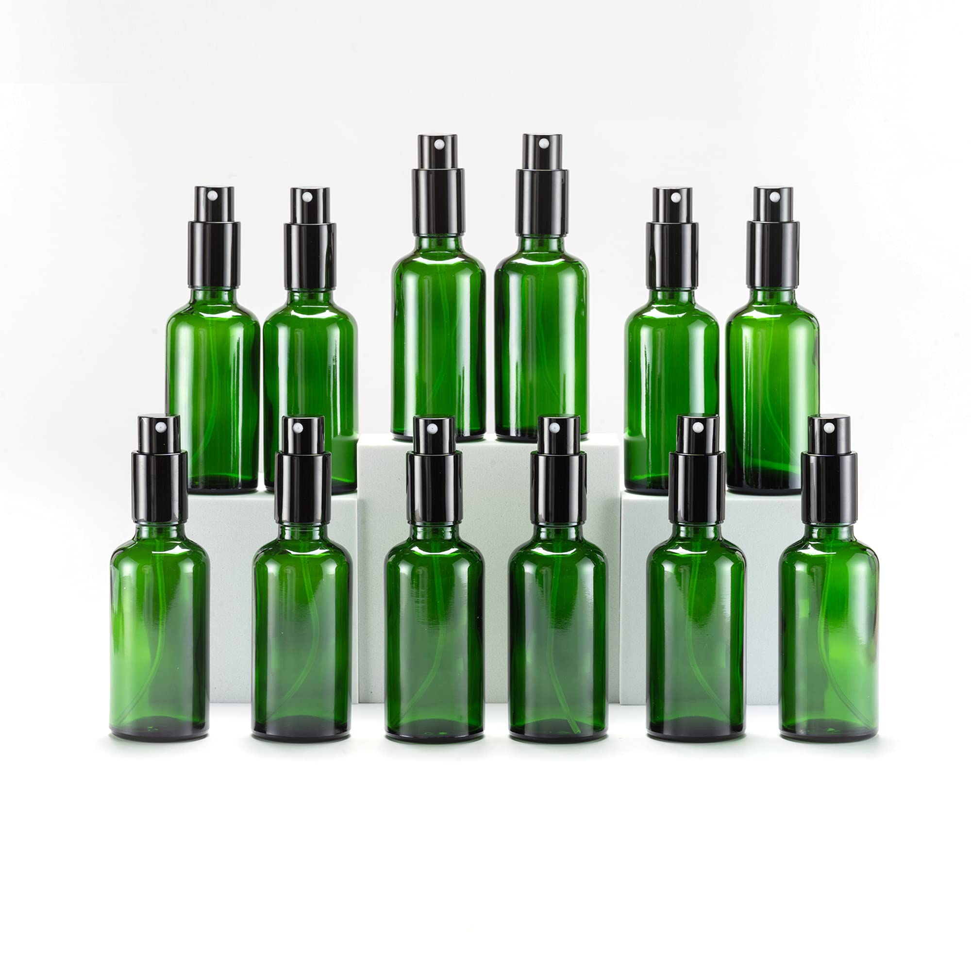 Yizhao 50ml Green Glass Spray Bottle for Essential Oils, Small Empty Fine Mist Spray Bottle, for Cleaning, Aromatherapy, Cosmetic Sprays, Hair –12 Pcs