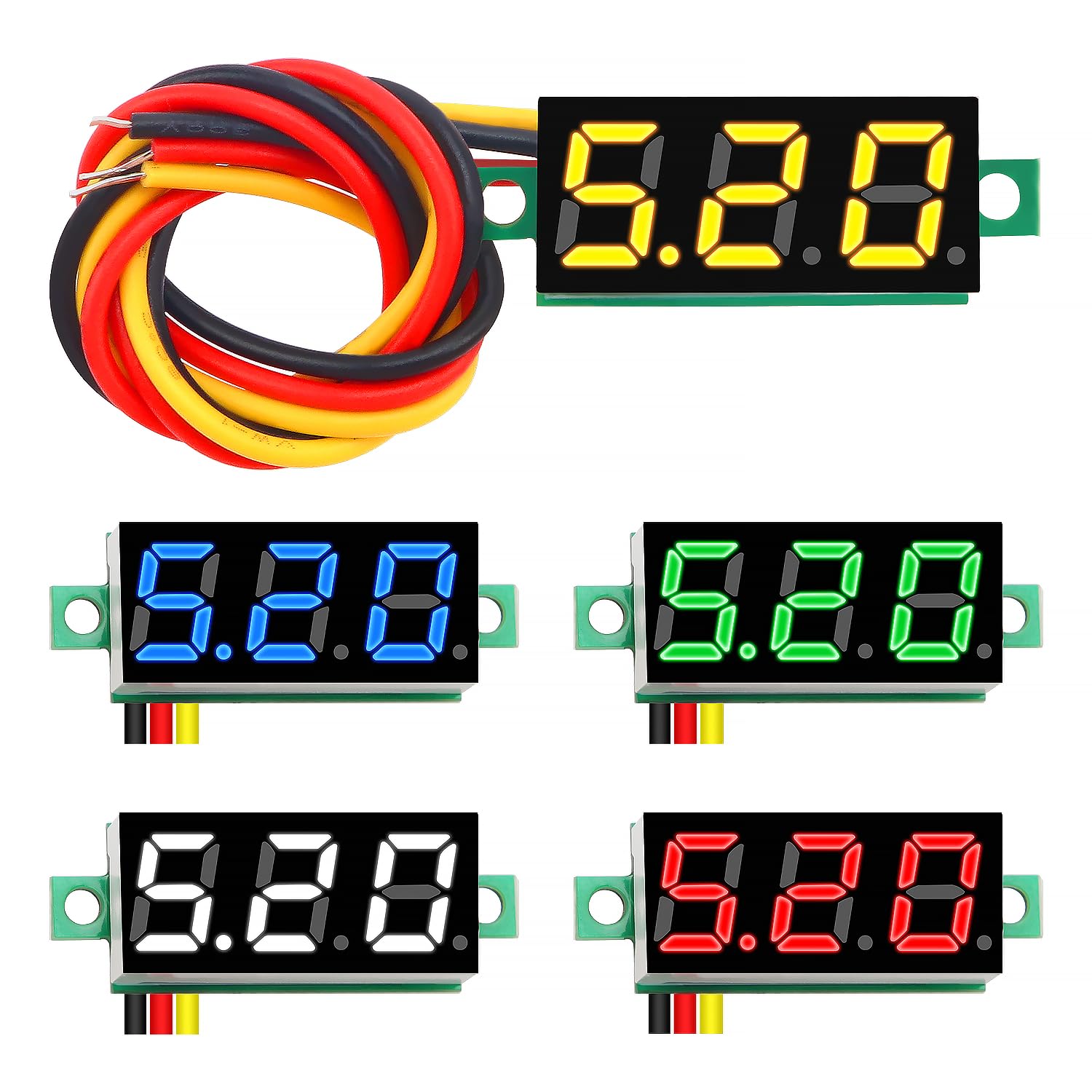 YIXISI 5 PCS DC 0-100V Gauge Tester 0.28", 3 Wires Mini Digital LED Voltmeter Display with Reverse Polarity Protection and Accurate Pressure Measurement Voltage Tester, Red/Yellow/Blue/Green/White