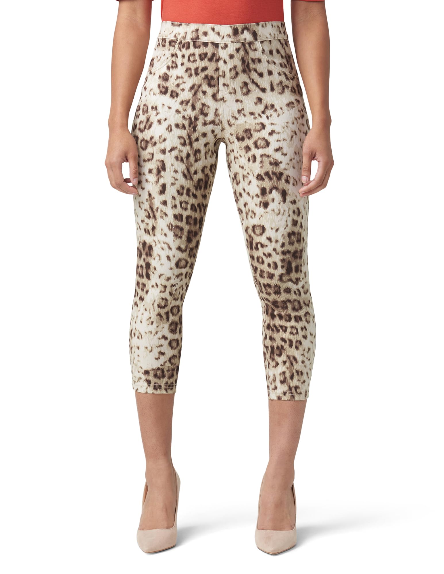 HUE Women’s Ultra Soft High Waist Denim Capri Leggings, Brown Leopard, Medium