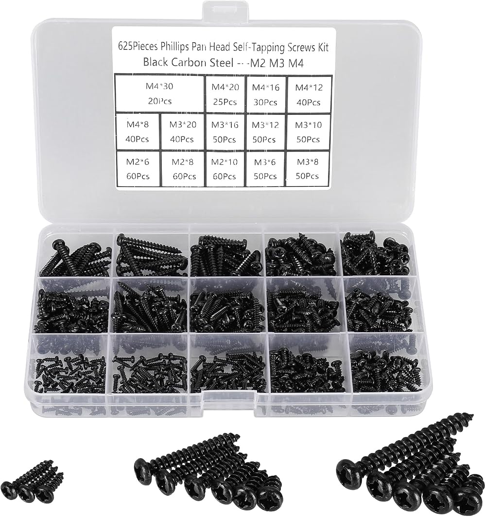 FandWay 625Pcs Self-Tapping Screws Set M2/M3/M4 Black Phillips Pan Head