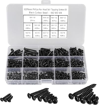 FandWay 625Pcs Self-Tapping Screws Set M2/M3/M4 Black Phillips Pan Head