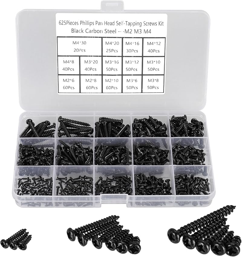 FandWay 625Pcs Self-Tapping Screws Set M2/M3/M4 Black Phillips Pan Head