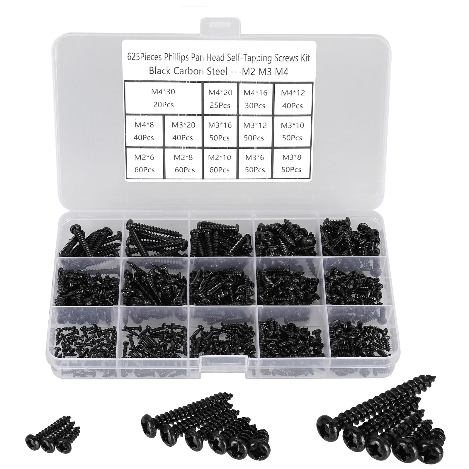 FandWay 625Pcs Self Tapping Screws Black,M2 M3 M4 Small Wood Screws Assortment,Round Head Self Drilling Screw,Pan Head Sheet Metal Screw Phillips Drive for DIY WoodWork Repairs. — image 1