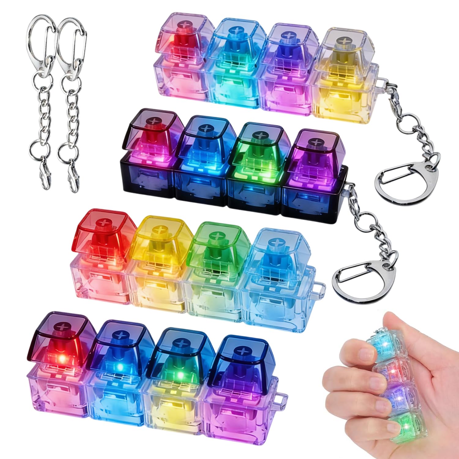 4Pcs Keyboard Fidget Toy, Mini Fidget Toys for Adults with LED light, Clicker Fidget Keyring Anxiety Relief Gifts for Adults, Keychain Keyboard Decompression Toys for Office, School, Home and Travel