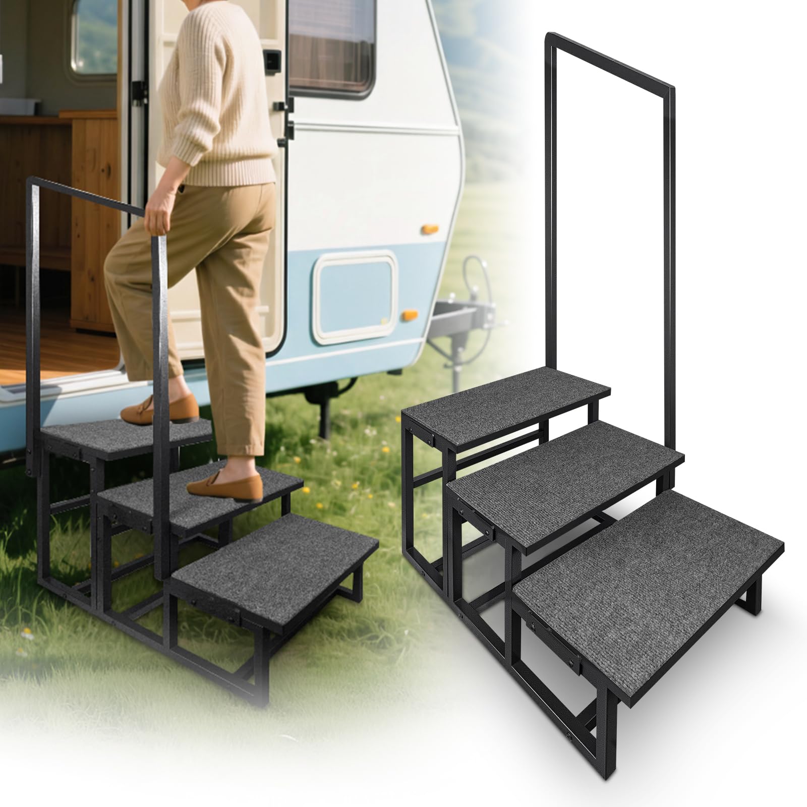 Photo 1 of * HARDWARE FLOATING THROUGH BOX, UNSURE IF MISSING * 3-Step RV Step Stool with Handrail, Wider Steps with Anti-Slip Mat & Base Support, Mobility Aid Ladder for Senior, High RV, Hot Tub, Porch