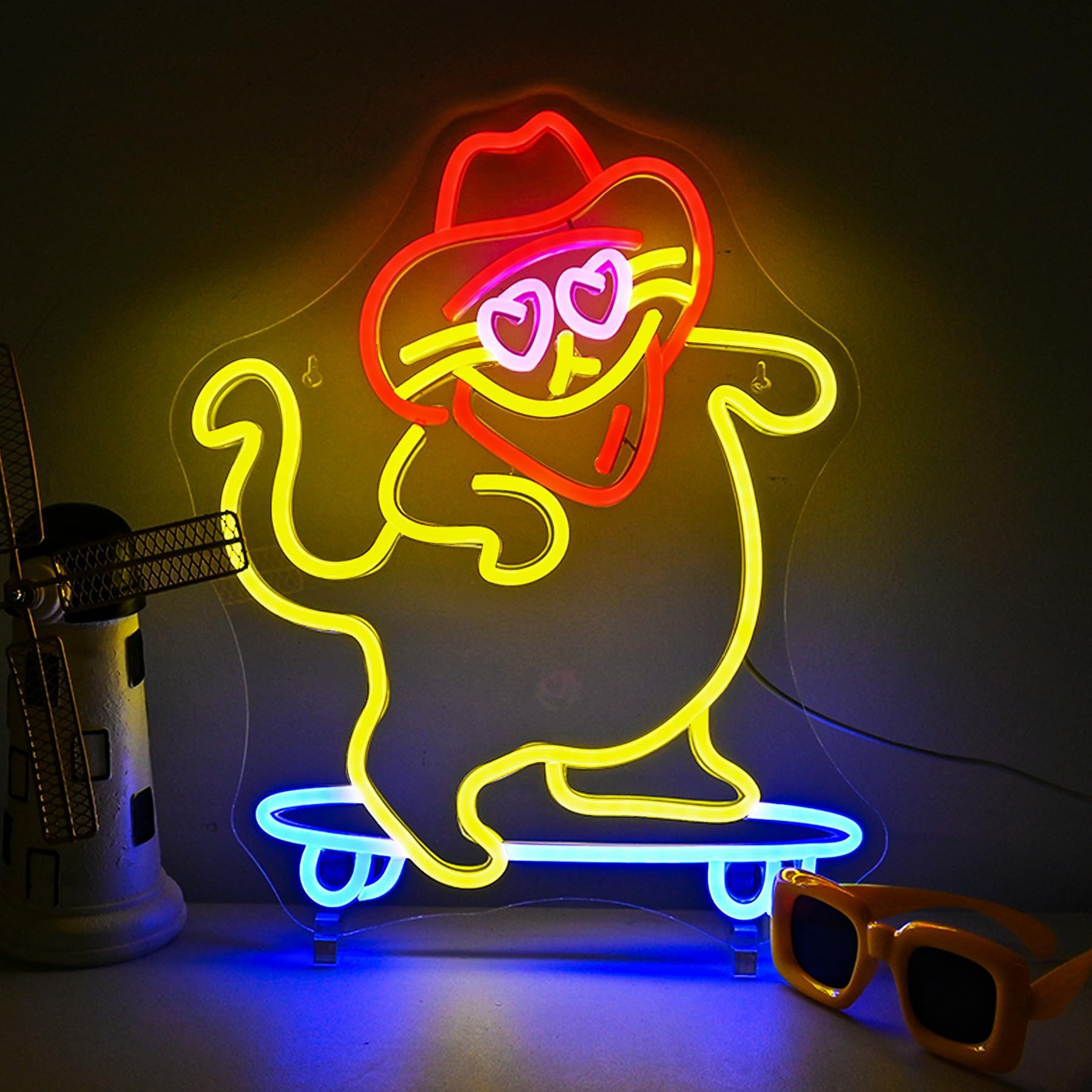 LUCUNSTAR Cute Glasses Cat Skateboard Neon Sign,USB Powered wth Switch Dimmable Animal Light Up Sign for Bedroom Decor Pet Shop Art Wall Decoration Gift for Girl Boy Party