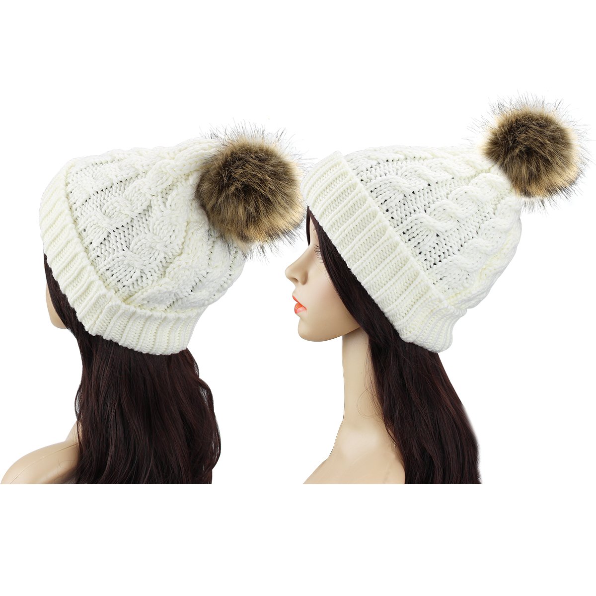 2 Pack Womens Knitted Chunky Beanie Faux Fur Pom Pom Beanie