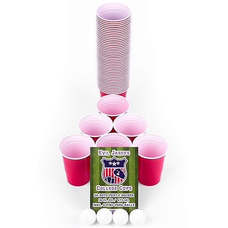 Evil Jared Hasselhoff Partybecher | College Red Cups | Beer-Pong Party-Zubehör Set | 50 Rote Party-Becher (480ml) + 4 Ping Po