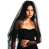 SAWINDA Black Lace Veil Embroidered Floral Edge Wedding Veil 2 Tiers Gorgeous Halloween Prom Gothic Veils Elegant Fingertip Length Veils for Brides and Women