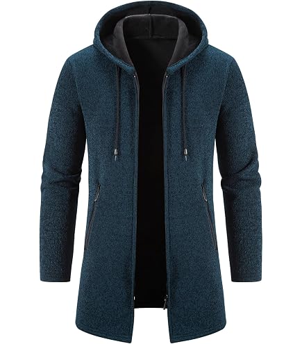 ZIWOCH Mens Trench Coat Wool Blend Hoodie Long Jacket Full Zip