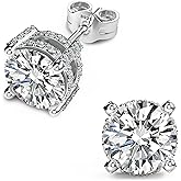 18K White Gold Plated Sterling Silver Pave Round Cut Cubic Zirconia Stud Earrings 4 Prong CZ Simulated Diamond Stud Earrings for Women Men Hypoallergenic
