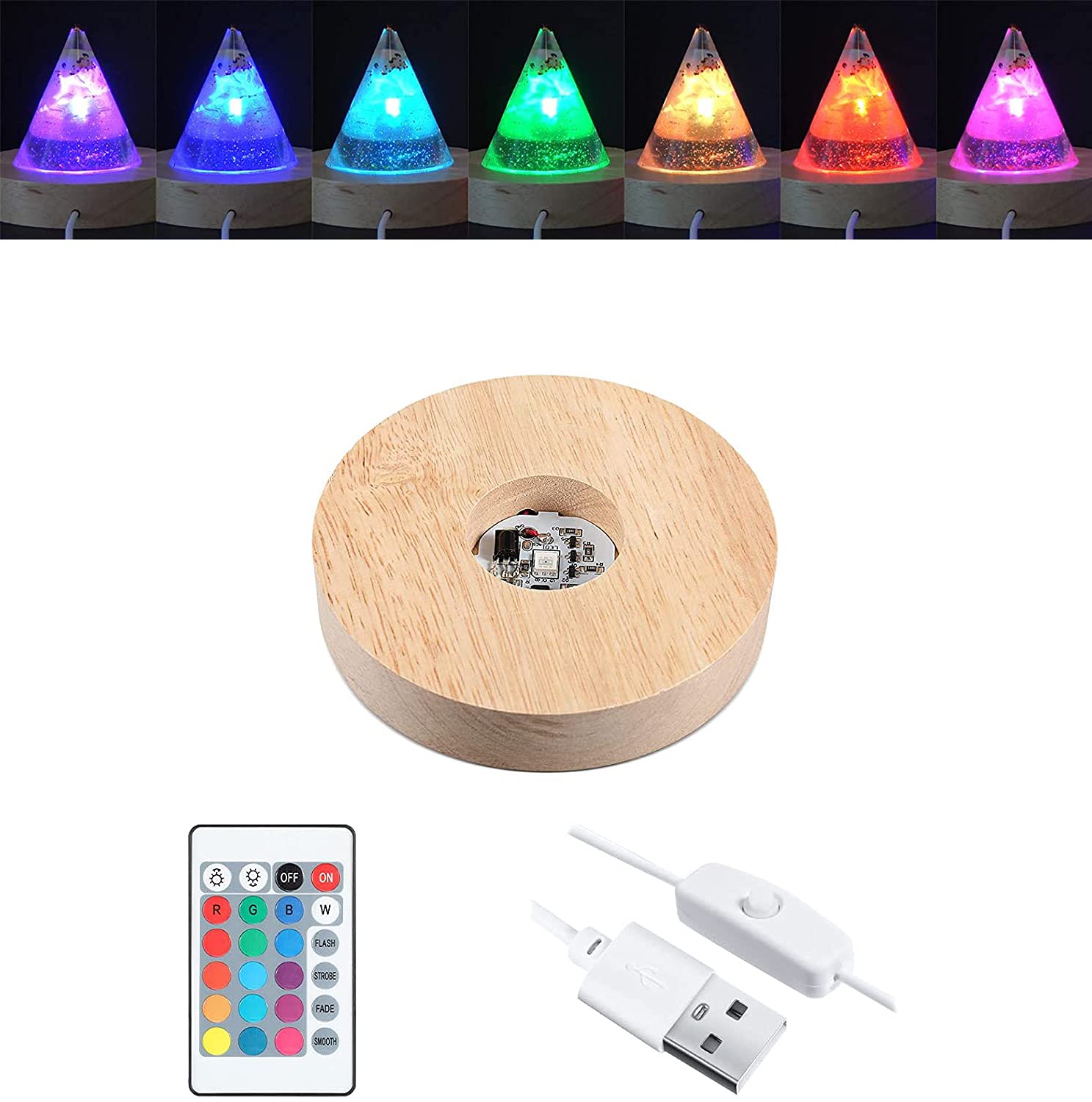 Tiardey Crystal Display Stand Colorful LED Lights Base,Multi-Color Round Wooden Lighted Base Stand for Crystal Glass Resin Art