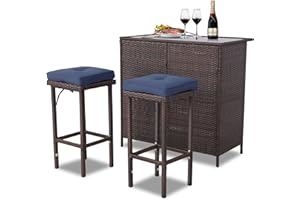 Furnivilla Patio Bar Set 3 Piece Outdoor Rattan Wicker Bar Set Patio Wicker Outdoor Bistro Set with 2 Stools, Glass Table Top and Storage Shelves for Patio, Backyard (Brown-Navy)