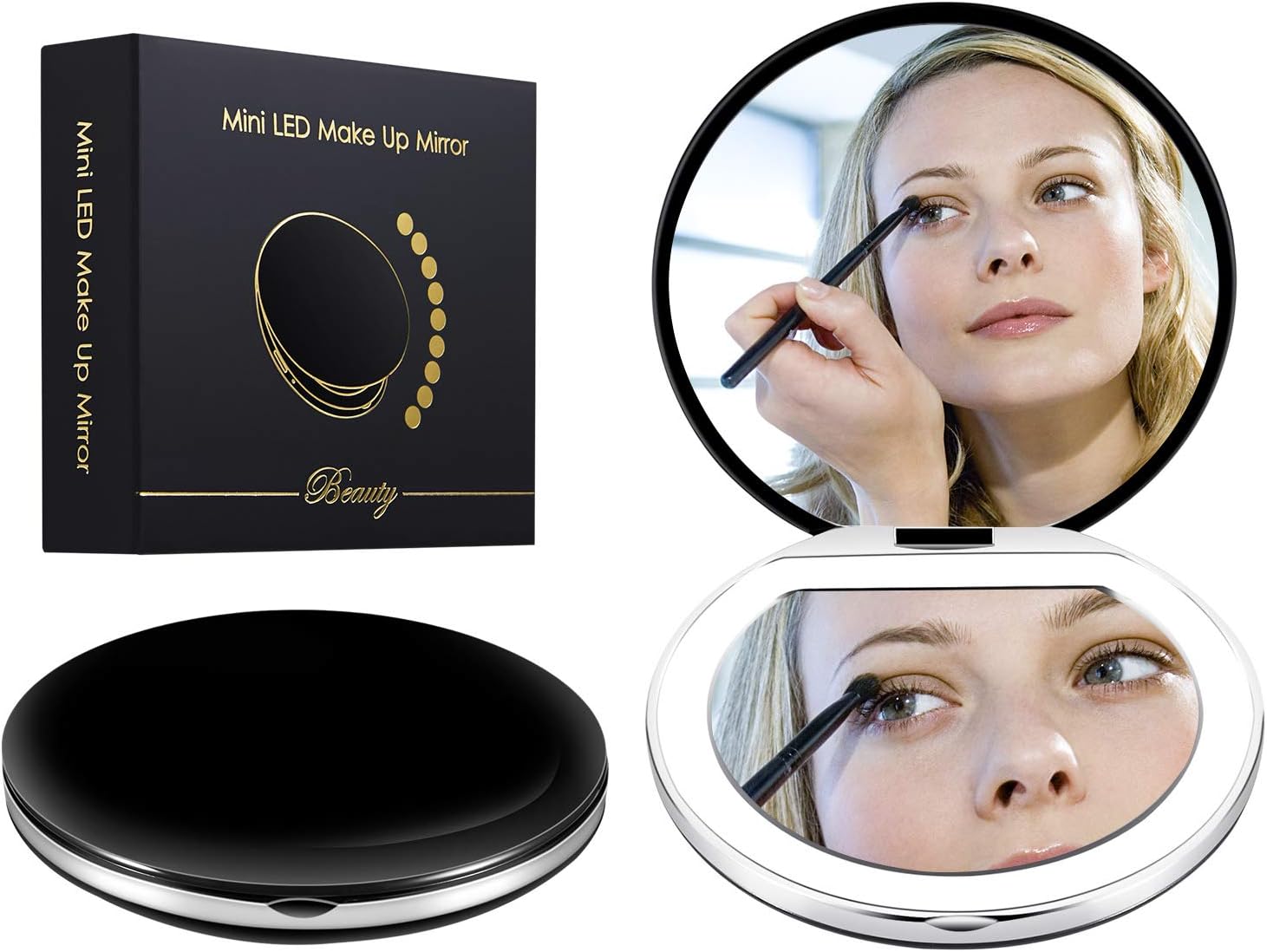 Led Compact Mirror [2019 Newest] Lighted Travel Makeup Mirror Rechargeable Led Purse Mirror Portable with Lights 1X 2X Magnification, Low/Middle/High Brightness Adjustable (Round, Black)