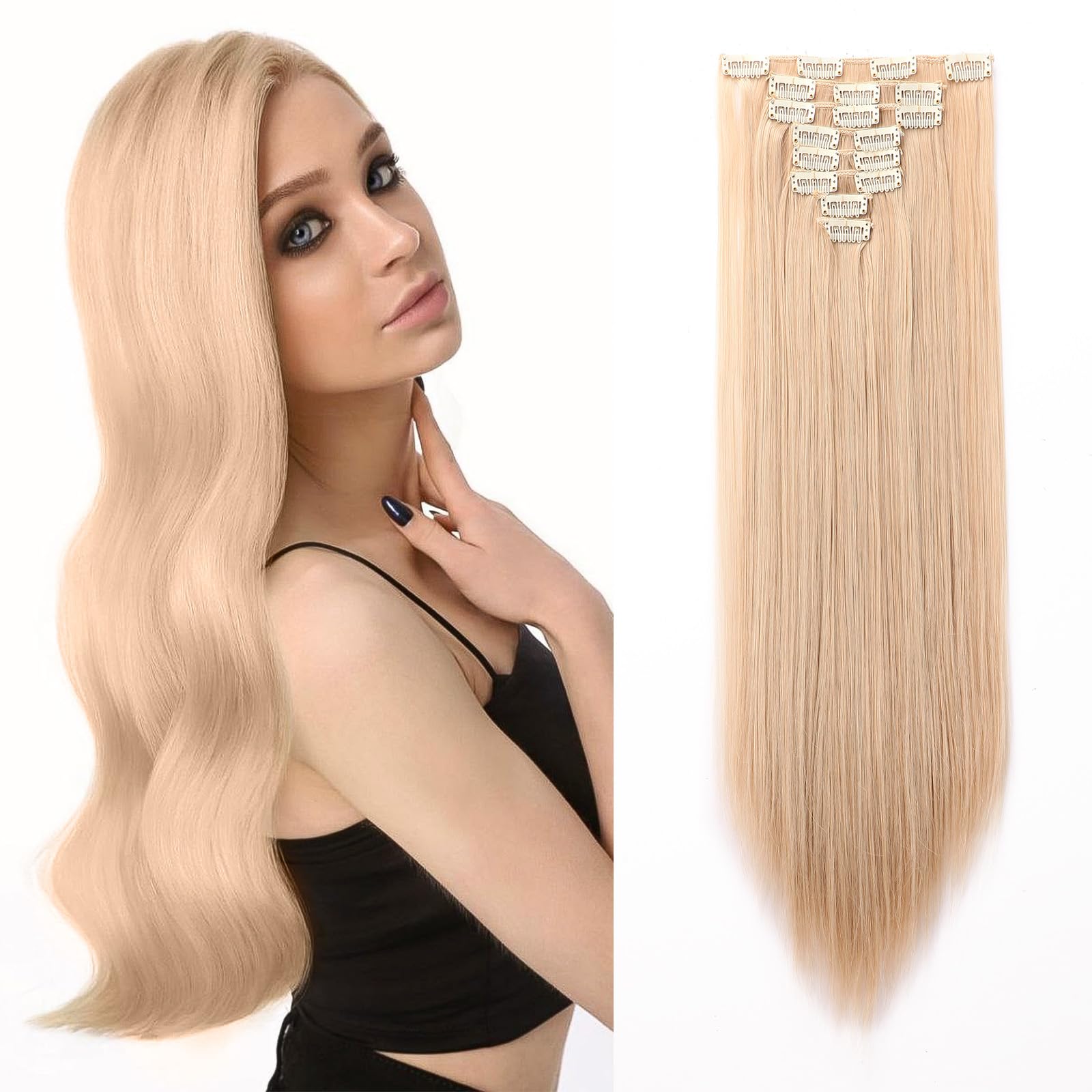 23" Long Straight Clip in Hair Extensions Full Head 8Pcs 18Clips Ombre Colorful Synthetic Hair Clip in Hairpiece Dark Blonde mix Bleach Blonde