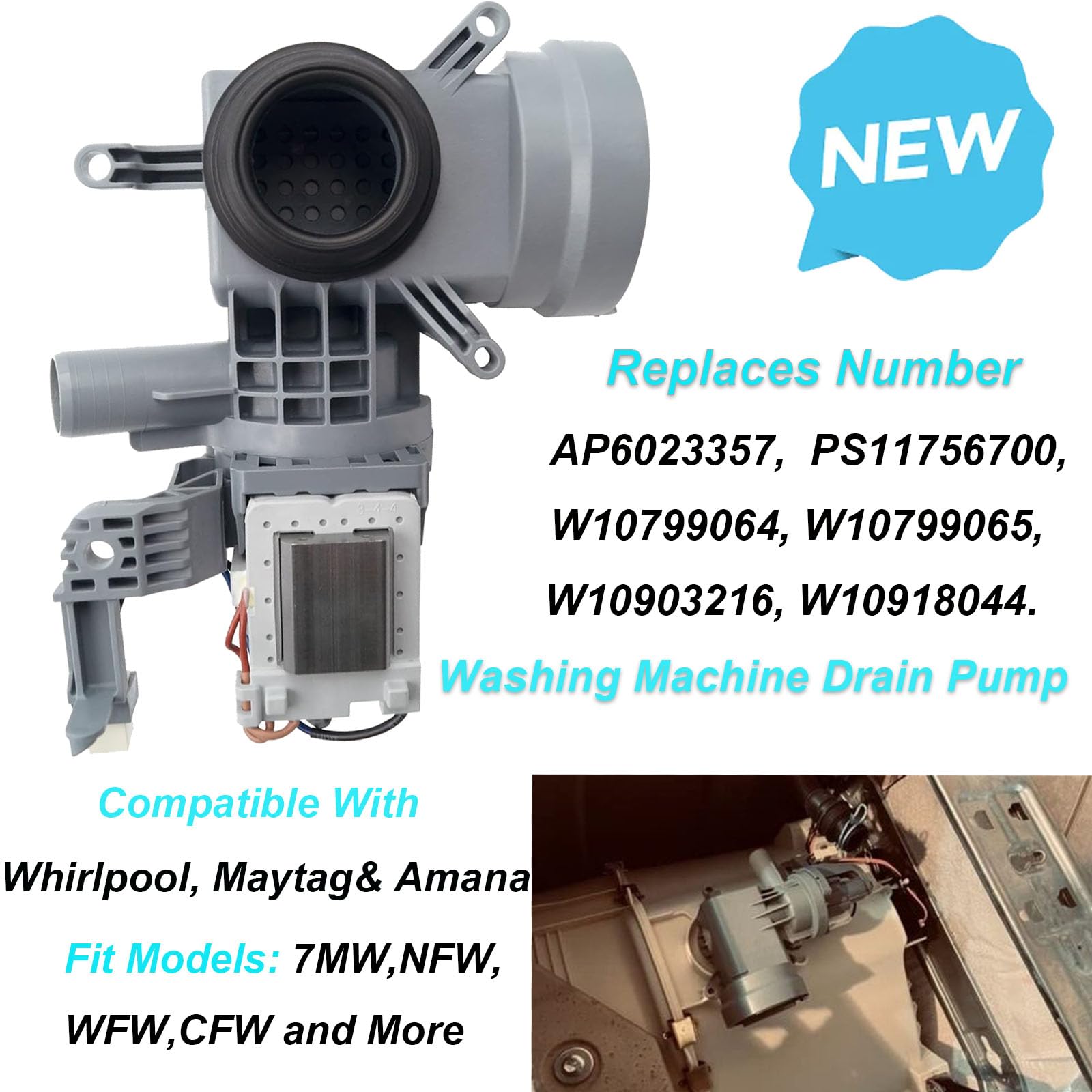 WPW10605427VR, W10425238 Washer Drain Pump Compatible with Whirlpool, Maytag WFW72HEDW0, WFW8540FW1, MHW3505FW1, 7MMHW5500FC0, WFW75HEFW0,MHW6000AG2, MHW4300DW0, WFW92HEFW, MHW5100DW0, 7MWFW81HEDW0