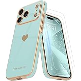 Teageo for iPhone 17 Pro Case with Screen Protector [2 Pack] Girl Women Cute Girly Love-Heart Luxury Gold Soft Cover Camera Protection Shockproof Phone Case for iPhone 17 Pro, Pearl Aqua